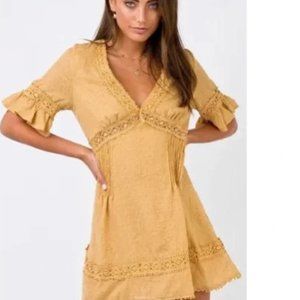 Princess Polly mustard yellow crochet trim ruffle sleeve babydoll mini